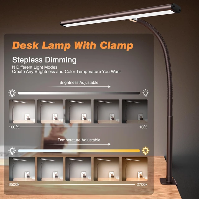 Alt view image 2 of 6 - LED Desk Lamp with Clamp, 17" Stepless Dimming Light, Brown 2700K-6500K, 100 LEDs, 360° Gooseneck, Fits Up to 30" Monitors, Flicker-Free Lighting for Home Office, Study& Workbench