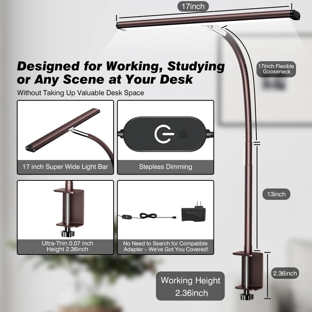 Alt view image 3 of 6 - LED Desk Lamp with Clamp, 17" Stepless Dimming Light, Brown 2700K-6500K, 100 LEDs, 360° Gooseneck, Fits Up to 30" Monitors, Flicker-Free Lighting for Home Office, Study& Workbench