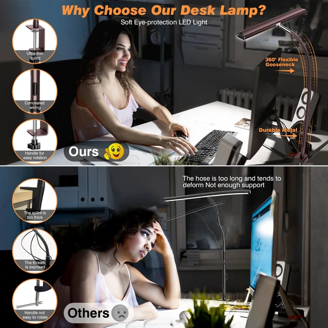Alt view image 4 of 6 - LED Desk Lamp with Clamp, 17" Stepless Dimming Light, Brown 2700K-6500K, 100 LEDs, 360° Gooseneck, Fits Up to 30" Monitors, Flicker-Free Lighting for Home Office, Study& Workbench
