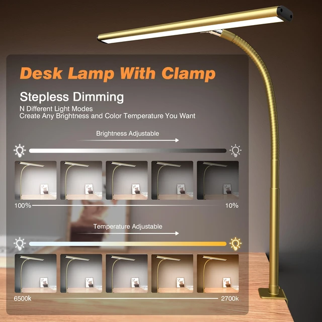 Alt view image 2 of 5 - LED Desk Lamp with Clamp, 17" Stepless Dimming Light, Gold 2700K-6500K, 100 LEDs, 360° Gooseneck, Fits Up to 30" Monitors, Flicker-Free Lighting for Home Office, Study& Workbench