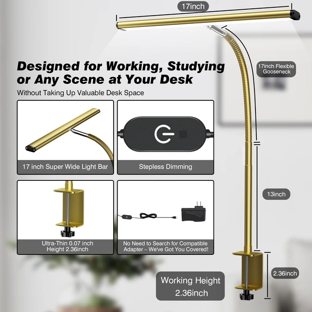Alt view image 3 of 5 - LED Desk Lamp with Clamp, 17" Stepless Dimming Light, Gold 2700K-6500K, 100 LEDs, 360° Gooseneck, Fits Up to 30" Monitors, Flicker-Free Lighting for Home Office, Study& Workbench