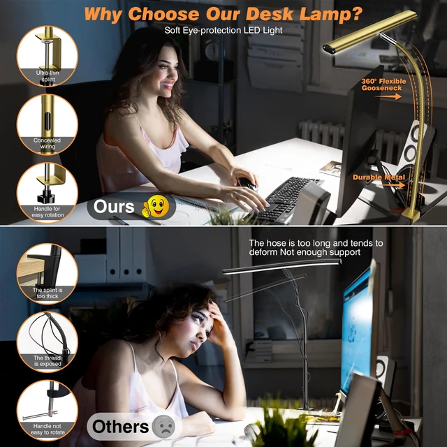 Alt view image 4 of 5 - LED Desk Lamp with Clamp, 17" Stepless Dimming Light, Gold 2700K-6500K, 100 LEDs, 360° Gooseneck, Fits Up to 30" Monitors, Flicker-Free Lighting for Home Office, Study& Workbench