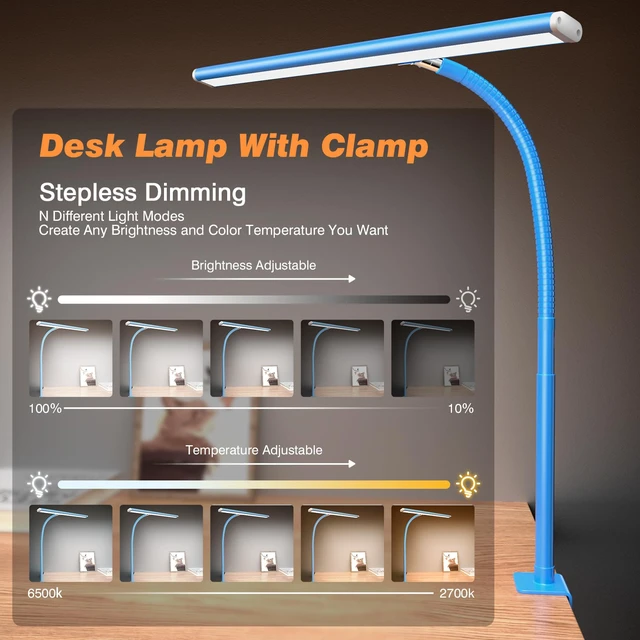 Alt view image 2 of 6 - LED Desk Lamp with Clamp, 17" Stepless Dimming Light, Blue 2700K-6500K, 100 LEDs, 360° Gooseneck, Fits Up to 30" Monitors, Flicker-Free Lighting for Home Office, Study& Workbench