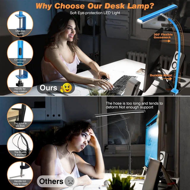 Alt view image 4 of 6 - LED Desk Lamp with Clamp, 17" Stepless Dimming Light, Blue 2700K-6500K, 100 LEDs, 360° Gooseneck, Fits Up to 30" Monitors, Flicker-Free Lighting for Home Office, Study& Workbench