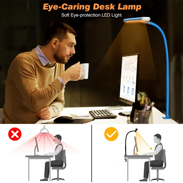 Alt view image 6 of 6 - LED Desk Lamp with Clamp, 17" Stepless Dimming Light, Blue 2700K-6500K, 100 LEDs, 360° Gooseneck, Fits Up to 30" Monitors, Flicker-Free Lighting for Home Office, Study& Workbench