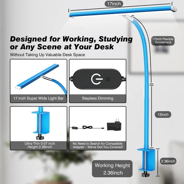 Alt view image 3 of 6 - LED Desk Lamp with Clamp, 17" Stepless Dimming Light, Blue 2700K-6500K, 100 LEDs, 360° Gooseneck, Fits Up to 30" Monitors, Flicker-Free Lighting for Home Office, Study& Workbench