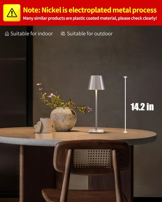 Alt view image 2 of 7 - 2 Pack Cordless Brushed Nickel Table Lamps, Portable LED Desk Lamp 4000mAh Battery Operated 3 Color Stepless Dimming Up for Restaurant, Bedroom, Outdoor Party, Camping, Coffee Shop, Nightlight