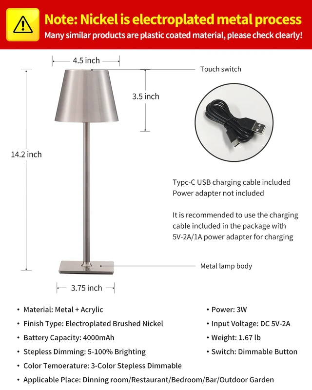 Alt view image 4 of 7 - 2 Pack Cordless Brushed Nickel Table Lamps, Portable LED Desk Lamp 4000mAh Battery Operated 3 Color Stepless Dimming Up for Restaurant, Bedroom, Outdoor Party, Camping, Coffee Shop, Nightlight