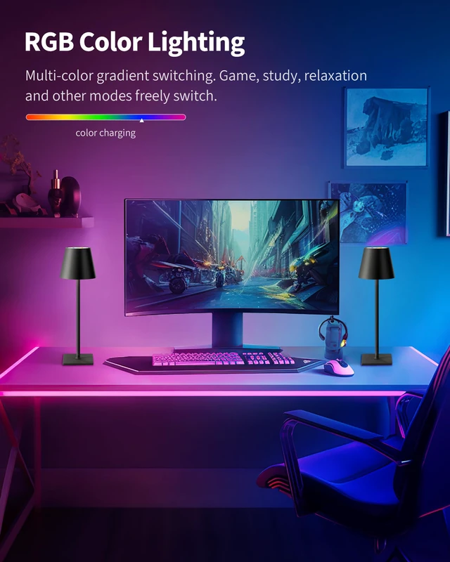 Alt view image 2 of 7 - 2 Pack Cordless Black Table Lamps, RGB Color Stepless Dimming Desk Lamp 4000mAh Battery Operated Rechargeable Portable LED for Restaurant, Bedroom, Outdoor Garden, Camping, Coffee Shop, Nightlight