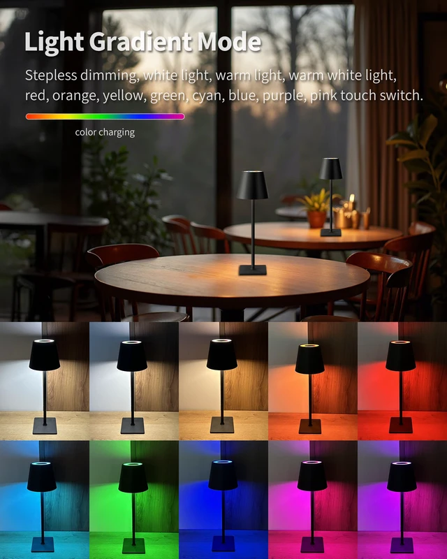 Alt view image 3 of 7 - 2 Pack Cordless Black Table Lamps, RGB Color Stepless Dimming Desk Lamp 4000mAh Battery Operated Rechargeable Portable LED for Restaurant, Bedroom, Outdoor Garden, Camping, Coffee Shop, Nightlight