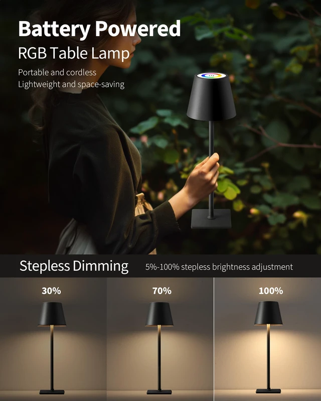 Alt view image 4 of 7 - 2 Pack Cordless Black Table Lamps, RGB Color Stepless Dimming Desk Lamp 4000mAh Battery Operated Rechargeable Portable LED for Restaurant, Bedroom, Outdoor Garden, Camping, Coffee Shop, Nightlight