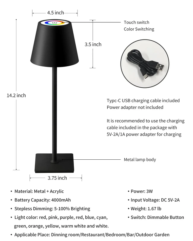 Alt view image 5 of 7 - 2 Pack Cordless Black Table Lamps, RGB Color Stepless Dimming Desk Lamp 4000mAh Battery Operated Rechargeable Portable LED for Restaurant, Bedroom, Outdoor Garden, Camping, Coffee Shop, Nightlight