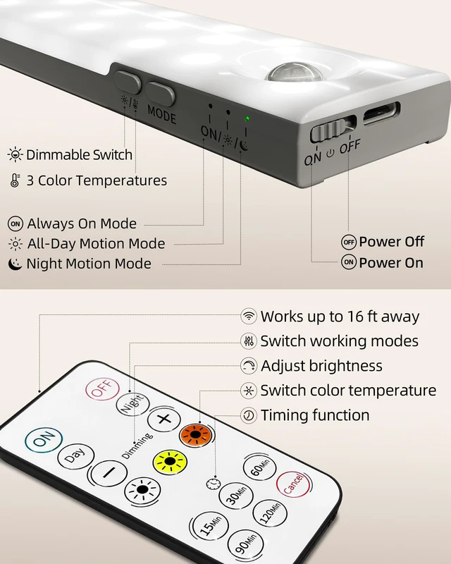 Alt view image 7 of 7 - Under Cabinet Lighting Wireless, Motion Sensor Lights Indoor 3-Pack with Remote, 2000mAh Rechargeable Battery, 62LEDs, Magnetic, Timer, 3 Color Temps, Kitchen, Closet and More