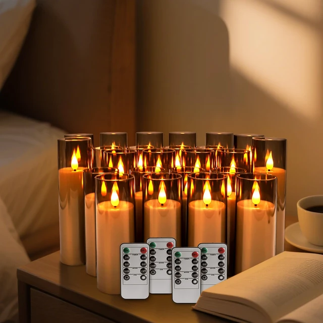 Alt view image 3 of 7 - Halloween Decoration Flickering Flameless Candles Battery Operated Timer Led Pillar Candles with Realistic Moving Wick Candles for Home Decor 24 Pack (D2.2 xH 5" 6" 7")(Grey)