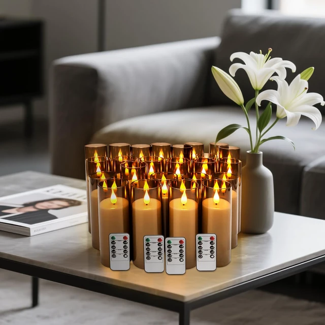 Alt view image 4 of 7 - Halloween Decoration Flickering Flameless Candles Battery Operated Timer Led Pillar Candles with Realistic Moving Wick Candles for Home Decor 24 Pack (D2.2 xH 5" 6" 7")(Grey)
