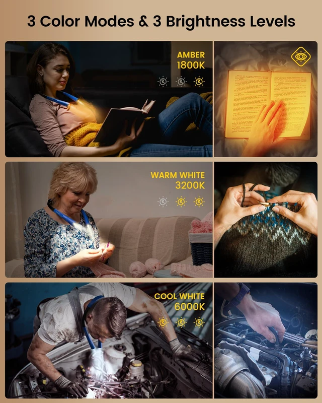 Alt view image 3 of 6 - Upgraded LED Neck Reading Light, Book Light for Reading in Bed 30-min Timer, 3 Colors & 3 Brightness, Rechargeable, Eye-Caring Perfect for Women, Knitting,Crocheting, Repairing,Christmas