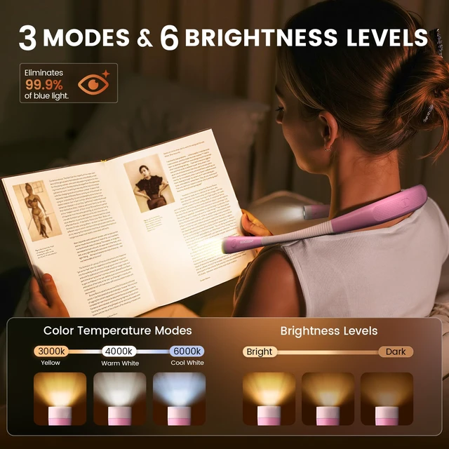 Alt view image 2 of 6 - Reading Light,Pink Neck Light,80-hr Rechargeable Book Light 3-Color&6-Brightness, USB-C,LED Neck Reading Light,Women, Travel,Portable, Repairing,Crochet, Christmas, Book Lovers Gifts