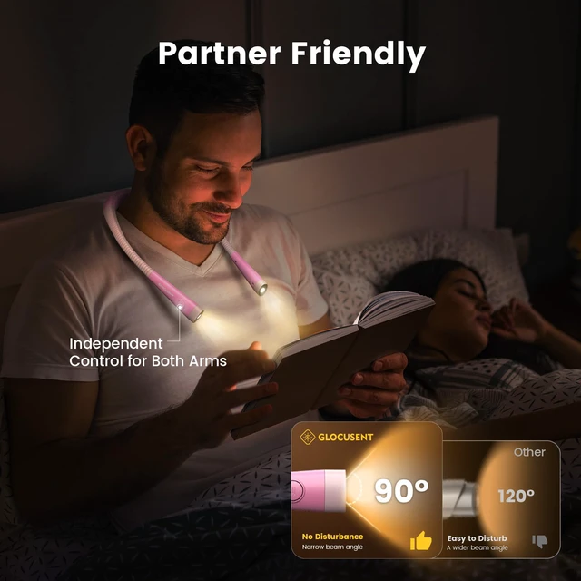 Alt view image 6 of 6 - Reading Light,Pink Neck Light,80-hr Rechargeable Book Light 3-Color&6-Brightness, USB-C,LED Neck Reading Light,Women, Travel,Portable, Repairing,Crochet, Christmas, Book Lovers Gifts