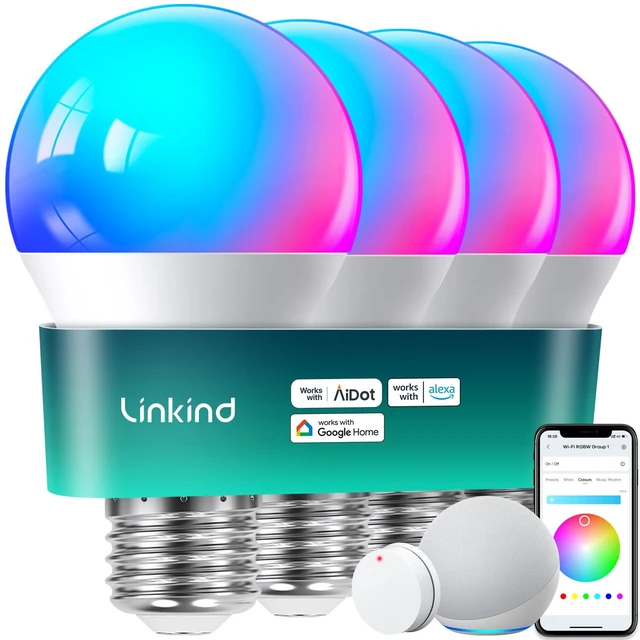 Main image of Smart Light Bulbs, Work with Alexa, Google Home, AiDot Remote Control, 16 Million Color Changing, 1800K-6500K White, 2.4G WiFi+Bluetooth, Preset Scene, A19 E26, 60W 800LM, 4Pack