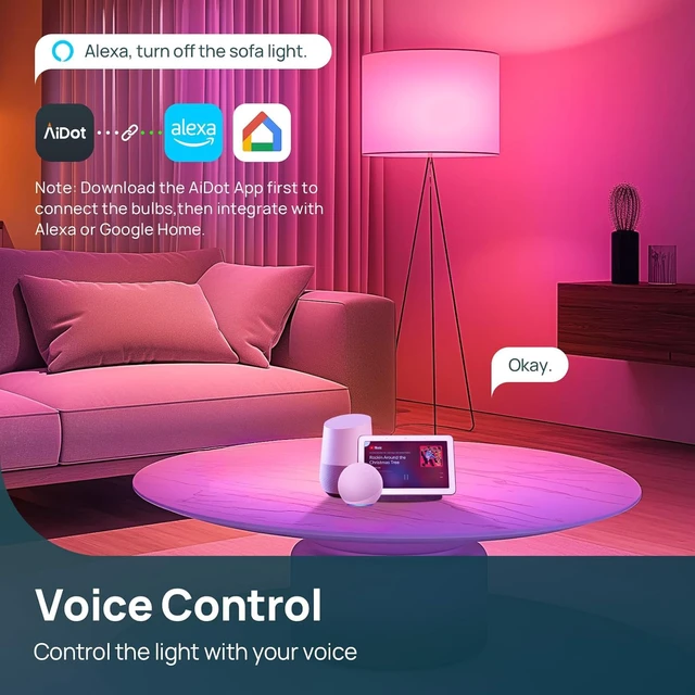 Alt view image 4 of 7 - Smart Light Bulbs, Work with Alexa, Google Home, AiDot Remote Control, 16 Million Color Changing, 1800K-6500K White, 2.4G WiFi+Bluetooth, Preset Scene, A19 E26, 60W 800LM, 4Pack