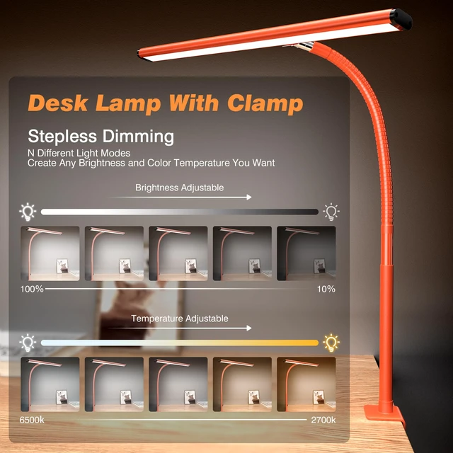 Alt view image 2 of 7 - LED Desk Lamp with Clamp, 17" Stepless Dimming Light, Orange 2700K-6500K, 100 LEDs, 360° Gooseneck, Fits Up to 30" Monitors, Flicker-Free Lighting for Home Office, Study& Workbench