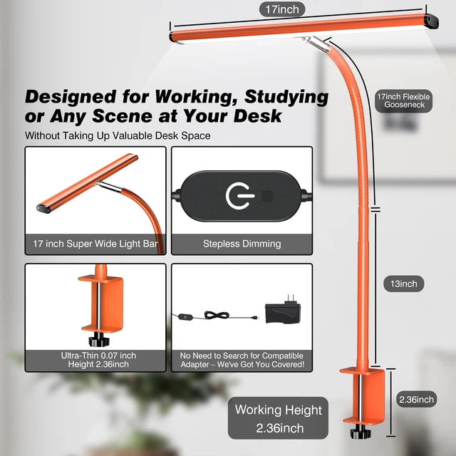 Alt view image 3 of 7 - LED Desk Lamp with Clamp, 17" Stepless Dimming Light, Orange 2700K-6500K, 100 LEDs, 360° Gooseneck, Fits Up to 30" Monitors, Flicker-Free Lighting for Home Office, Study& Workbench