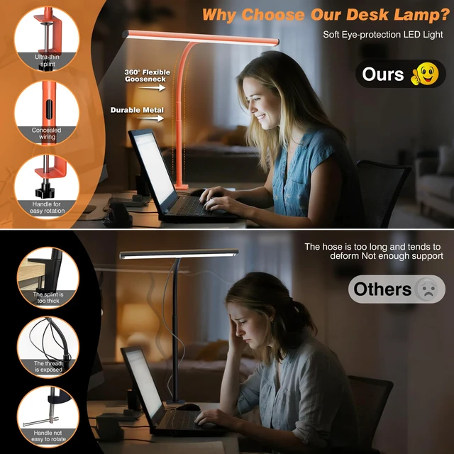 Alt view image 4 of 7 - LED Desk Lamp with Clamp, 17" Stepless Dimming Light, Orange 2700K-6500K, 100 LEDs, 360° Gooseneck, Fits Up to 30" Monitors, Flicker-Free Lighting for Home Office, Study& Workbench