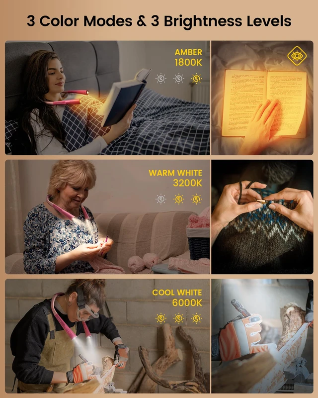 Alt view image 3 of 6 - Upgraded LED Neck Reading Light, Book Light for Reading in Bed 30-min Timer, 3 Colors & 3 Brightness, Rechargeable, Eye-Caring Perfect for Women, Knitting,Crocheting, Repairing,Christmas