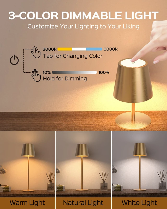 Alt view image 5 of 7 - Cordless Lamps, 3 Height, 3 Colors Smooth Dimming, 5000 Capacity Portable LED Waterproof Table Lamp for Dining, Bedroom, Outdoor, Glod (2 Pack)