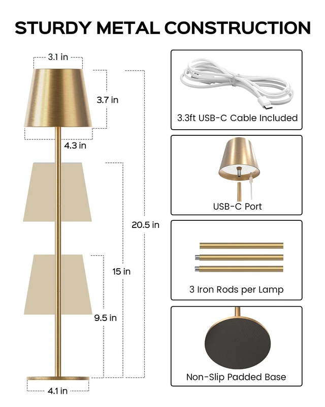 Alt view image 6 of 7 - Cordless Lamps, 3 Height, 3 Colors Smooth Dimming, 5000 Capacity Portable LED Waterproof Table Lamp for Dining, Bedroom, Outdoor, Glod (2 Pack)