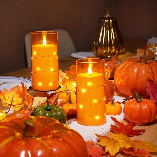 Alt view image 2 of 7 - Halloween Flameless Candles, Orange LED Pillar Candles, Fall Decor Acrylic Flickering Battery Operated Candles with Remote, Timer and Embedded Star String Lights for Indoor Holiday Home Decor
