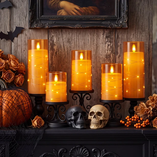 Alt view image 3 of 7 - Halloween Flameless Candles, Orange LED Pillar Candles, Fall Decor Acrylic Flickering Battery Operated Candles with Remote, Timer and Embedded Star String Lights for Indoor Holiday Home Decor