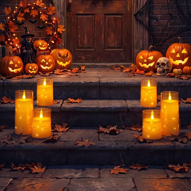 Alt view image 4 of 7 - Halloween Flameless Candles, Orange LED Pillar Candles, Fall Decor Acrylic Flickering Battery Operated Candles with Remote, Timer and Embedded Star String Lights for Indoor Holiday Home Decor