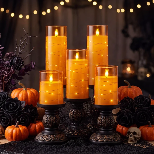 Alt view image 6 of 7 - Halloween Flameless Candles, Orange LED Pillar Candles, Fall Decor Acrylic Flickering Battery Operated Candles with Remote, Timer and Embedded Star String Lights for Indoor Holiday Home Decor