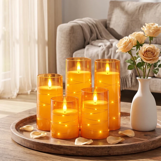 Alt view image 5 of 7 - Halloween Flameless Candles, Orange LED Pillar Candles, Fall Decor Acrylic Flickering Battery Operated Candles with Remote, Timer and Embedded Star String Lights for Indoor Holiday Home Decor
