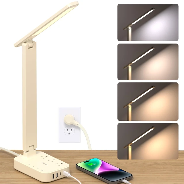 Main image of LED Desk Lamp, Power Strip with 3 Outlets 4 USB Charging Ports(2 USBC), 4 Modes 5 Level Brightness Touch Lamp, Small Desk Lamp for Home Office College Dorm Room Essentials, Cream