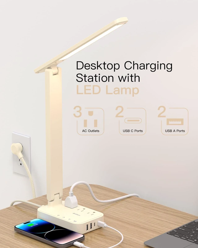 Alt view image 2 of 7 - LED Desk Lamp, Power Strip with 3 Outlets 4 USB Charging Ports(2 USBC), 4 Modes 5 Level Brightness Touch Lamp, Small Desk Lamp for Home Office College Dorm Room Essentials, Cream