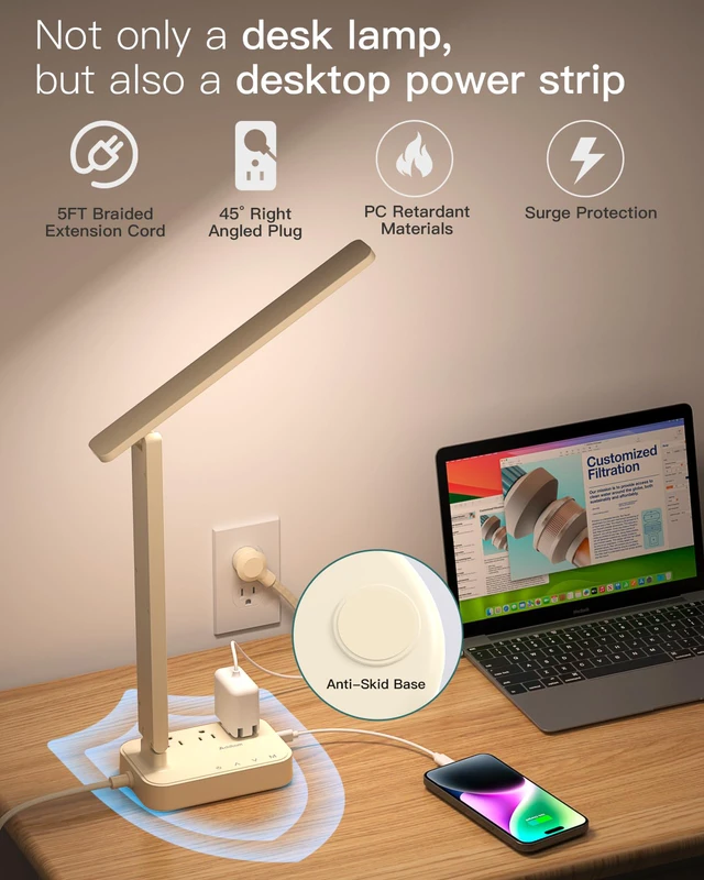 Alt view image 5 of 7 - LED Desk Lamp, Power Strip with 3 Outlets 4 USB Charging Ports(2 USBC), 4 Modes 5 Level Brightness Touch Lamp, Small Desk Lamp for Home Office College Dorm Room Essentials, Cream