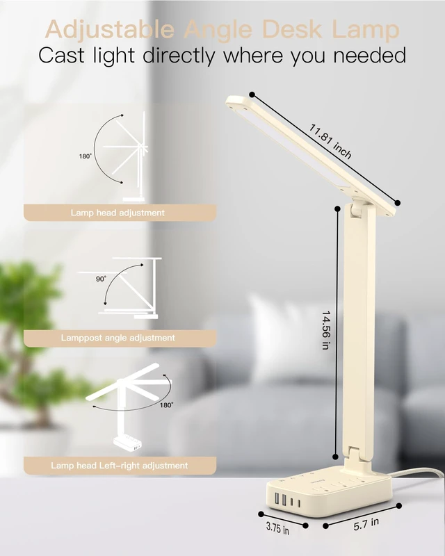 Alt view image 4 of 7 - LED Desk Lamp, Power Strip with 3 Outlets 4 USB Charging Ports(2 USBC), 4 Modes 5 Level Brightness Touch Lamp, Small Desk Lamp for Home Office College Dorm Room Essentials, Cream