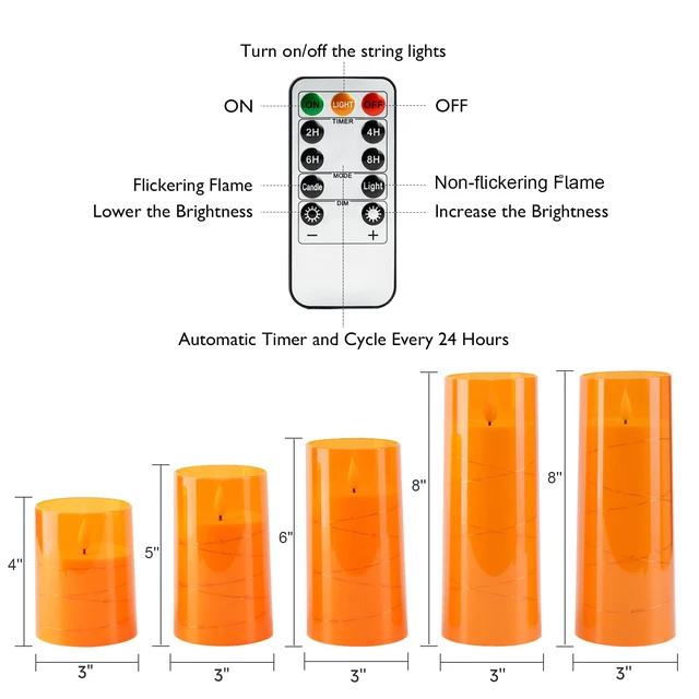 Alt view image 7 of 7 - Halloween Flameless Candles, Orange LED Pillar Candles, Fall Decor Acrylic Flickering Battery Operated Candles with Remote, Timer and Embedded Star String Lights for Indoor Holiday Home Decor