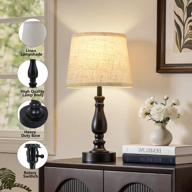 Alt view image 4 of 7 - Table Lamp Set of 2-19" Small Bedside Lamps Modern Lamp for Bedroom Living Room Lamps for Night Stands - Desk Lamps for Home Office End Tables Nightstand Lamps with Beige Linen Shades