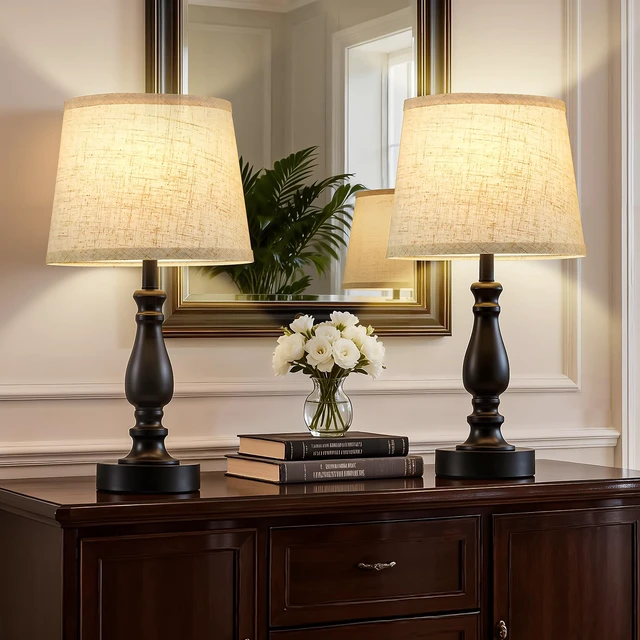 Alt view image 6 of 7 - Table Lamp Set of 2-19" Small Bedside Lamps Modern Lamp for Bedroom Living Room Lamps for Night Stands - Desk Lamps for Home Office End Tables Nightstand Lamps with Beige Linen Shades