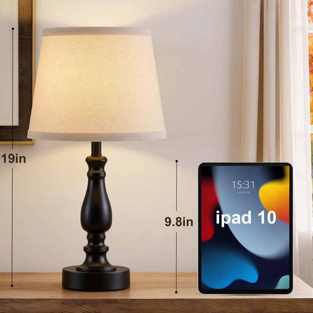 Alt view image 2 of 7 - Lamp for Bedroom Set of 2 - 19" Small Bedside Table Lamps with Rotary Swithch - Modern Lamps for Living Room Night stands - Desk Lamps for Home Office End Tables with Fabric Linen shade for Reading