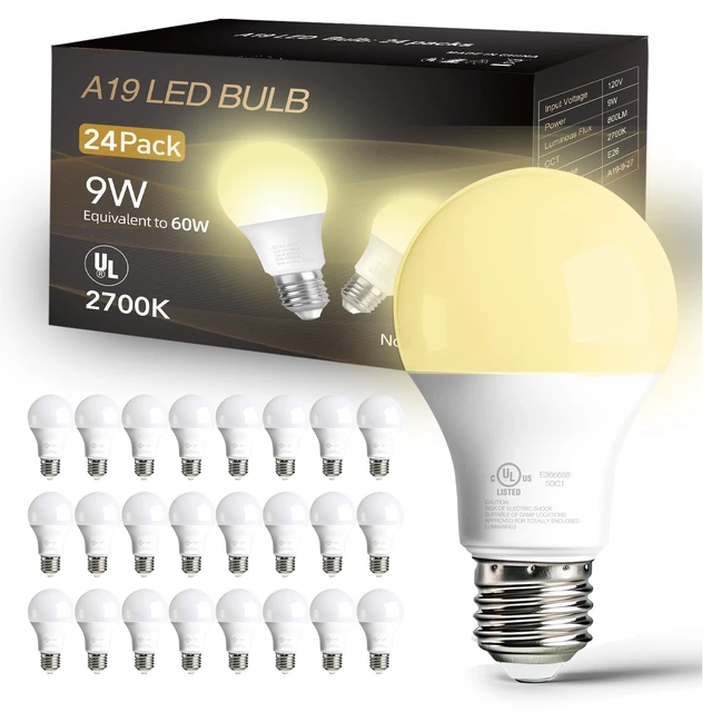Main image of 24 Pack LED Light Bulbs Soft White 2700K, 60 Watt Equivalent A19 Standard Bulbs, E26 Base, 800 LM, Efficient 9W Energy Saving, Non-Dimmable, 80+ CRI,120V, UL Listed, for Living Room, Office