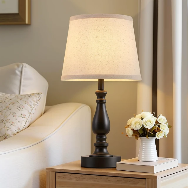 Alt view image 3 of 7 - Lamp for Bedroom Set of 2 - 19" Small Bedside Table Lamps with Rotary Swithch - Modern Lamps for Living Room Night stands - Desk Lamps for Home Office End Tables with Fabric Linen shade for Reading