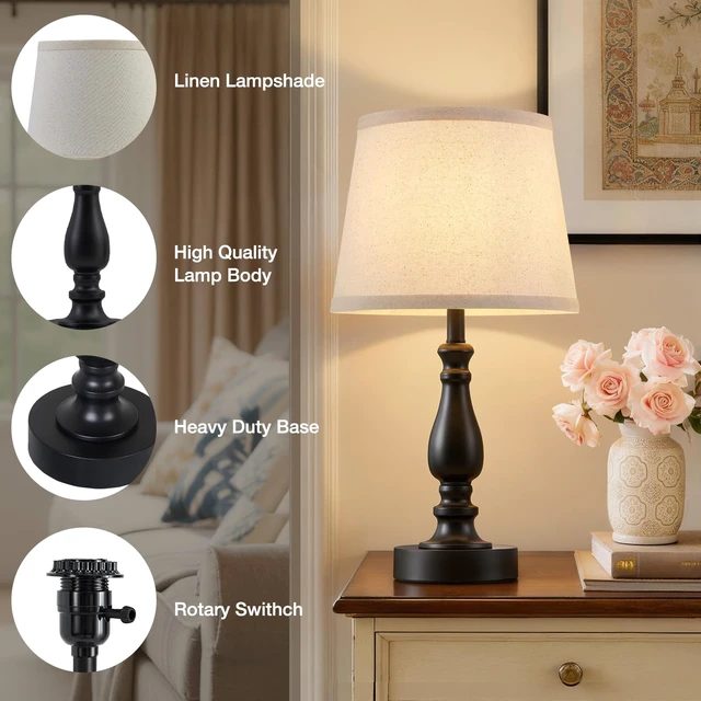 Alt view image 4 of 7 - Lamp for Bedroom Set of 2 - 19" Small Bedside Table Lamps with Rotary Swithch - Modern Lamps for Living Room Night stands - Desk Lamps for Home Office End Tables with Fabric Linen shade for Reading