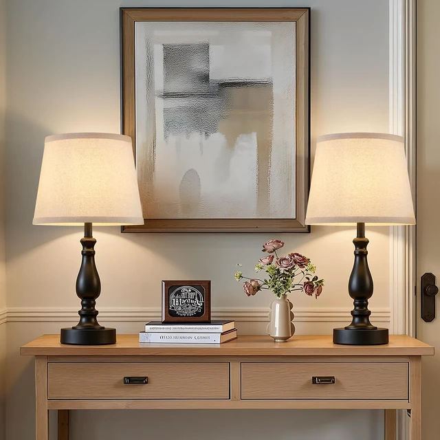 Alt view image 6 of 7 - Lamp for Bedroom Set of 2 - 19" Small Bedside Table Lamps with Rotary Swithch - Modern Lamps for Living Room Night stands - Desk Lamps for Home Office End Tables with Fabric Linen shade for Reading