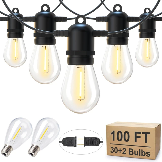 Main image of LED Outdoor String Lights for Patio 100FT with 32 Shatterproof S14 Vintage Edison Bulbs, Waterproof Outside Hanging Lights for Backyard Deck Garden Party Xmas Decor, 2700K