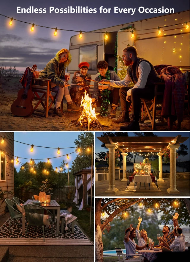 Alt view image 2 of 7 - LED Outdoor String Lights for Patio 100FT with 32 Shatterproof S14 Vintage Edison Bulbs, Waterproof Outside Hanging Lights for Backyard Deck Garden Party Xmas Decor, 2700K