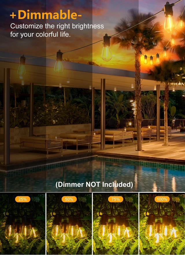 Alt view image 4 of 7 - LED Outdoor String Lights for Patio 100FT with 32 Shatterproof S14 Vintage Edison Bulbs, Waterproof Outside Hanging Lights for Backyard Deck Garden Party Xmas Decor, 2700K